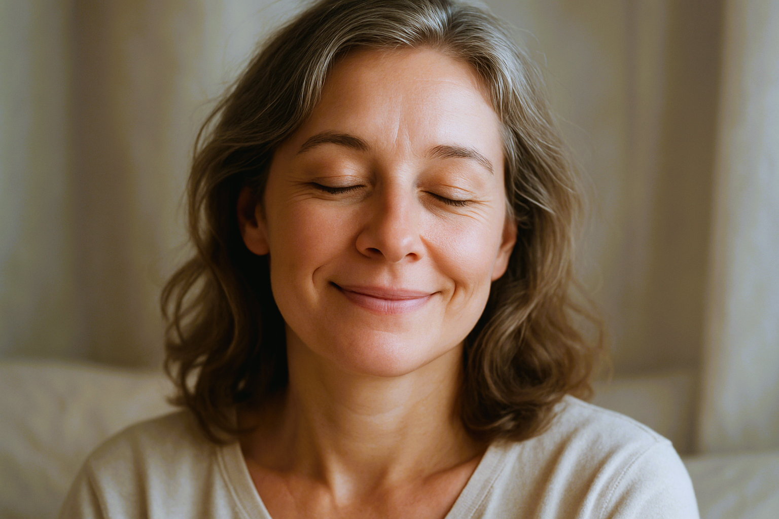 woman with eyes closed and a gentle smile